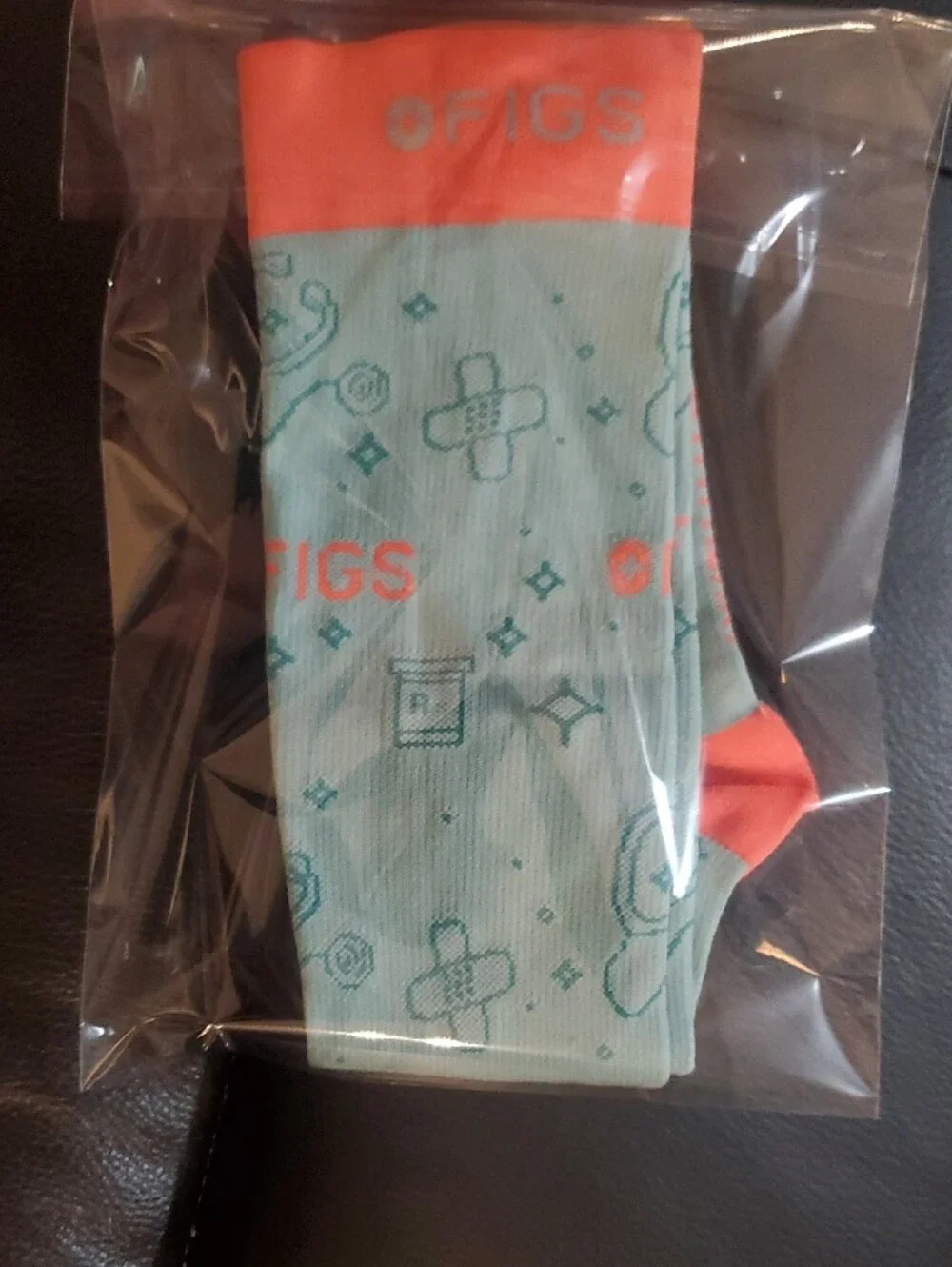 Figs Unisex Athletic Crew Socks in Light Teal with Coral Accents